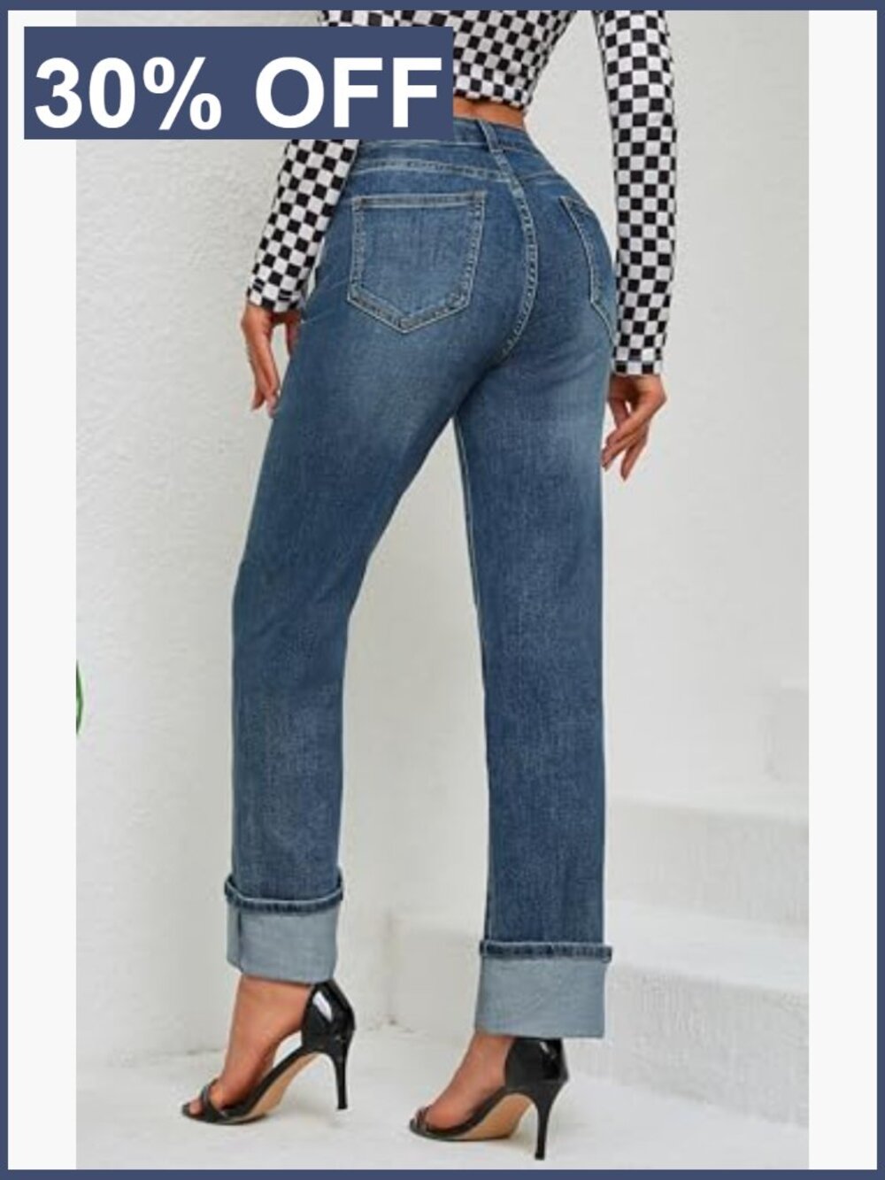 High Waisted Straight Leg Jeans Tummy Control Stretchy Ankle Fold Hem - Picture 2 of 6